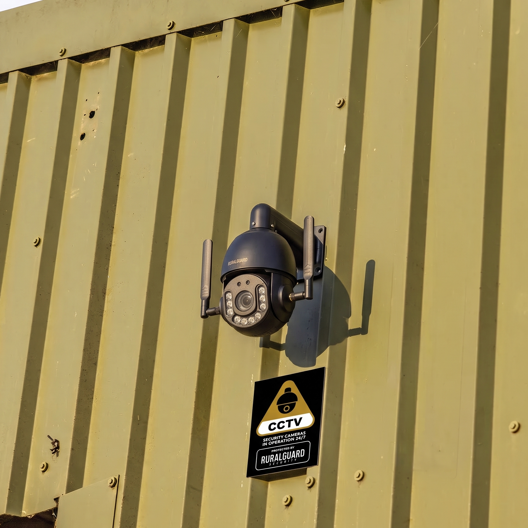 A black PTZ-style CCTV security camera with two antennas mounted on the side of an olive green corrugated metal container, above a black CCTV warning sticker.