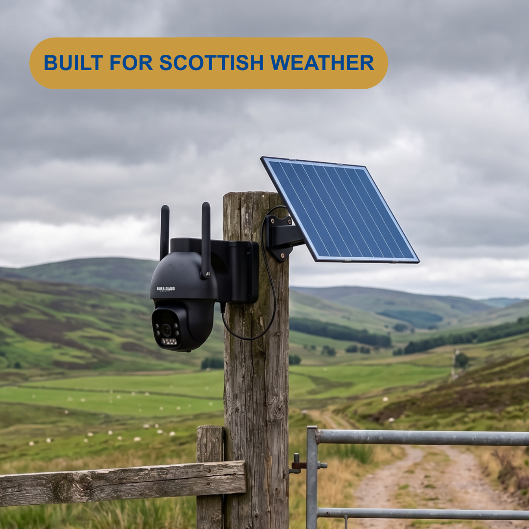 A black outdoor security camera mounted on a wooden post next to a blue solar panel, with a text overlay reading 'BUILT FOR SCOTTISH WEATHER' and a rural landscape in the background.